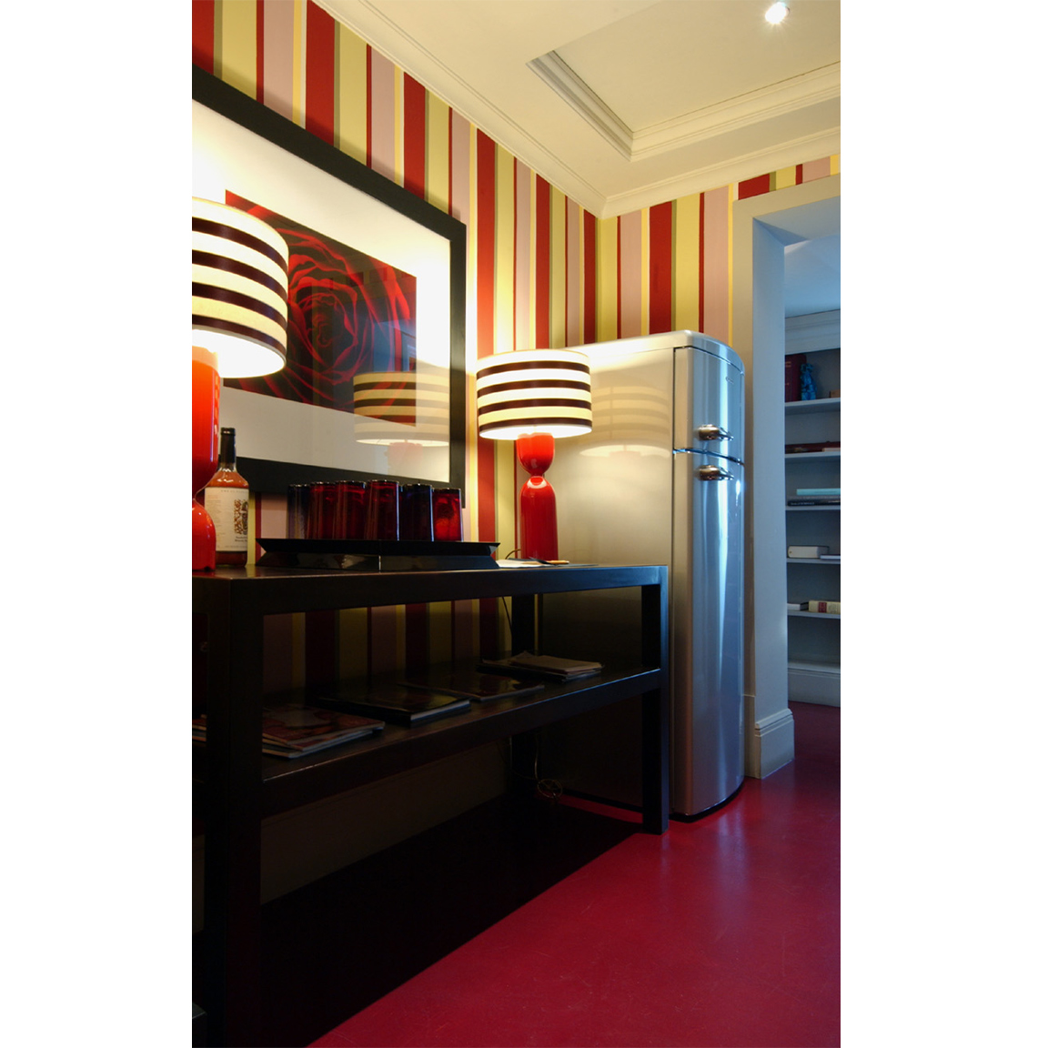 strong colors - red resin floor - striped painted wall