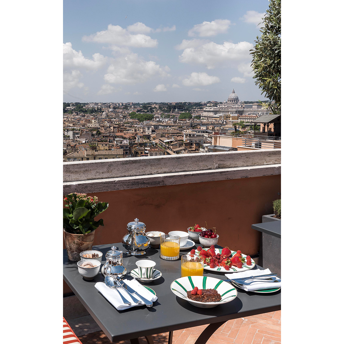 terrace view with breakfast on a table