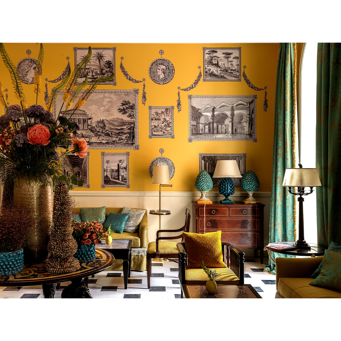 yellow room with wallpaper depicting framed paintings