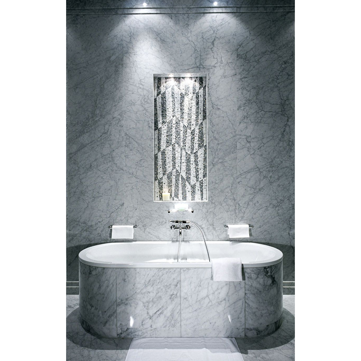 presidential suite bathroom with carrara marble and mosaic panel - 1930 feeling