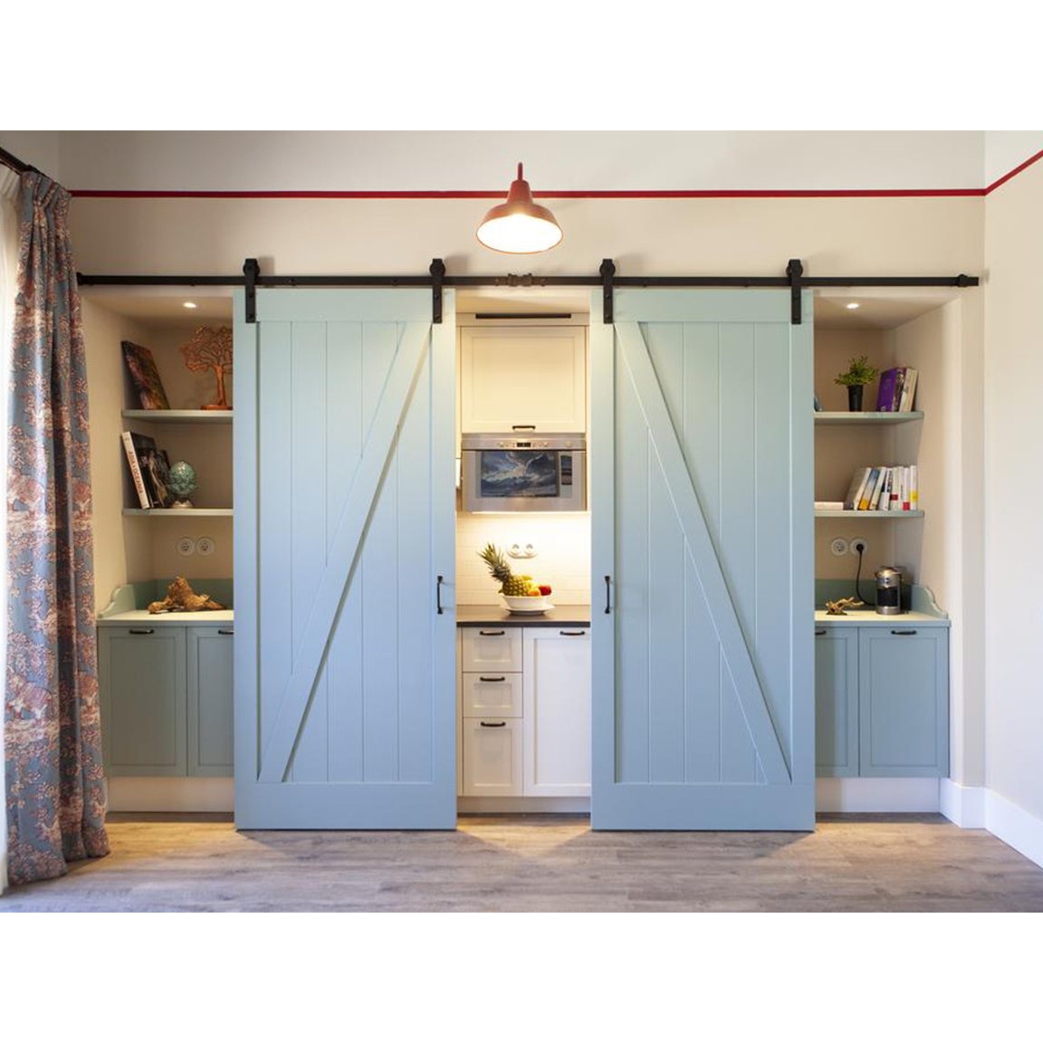 light blue sliding door revealing kitchen