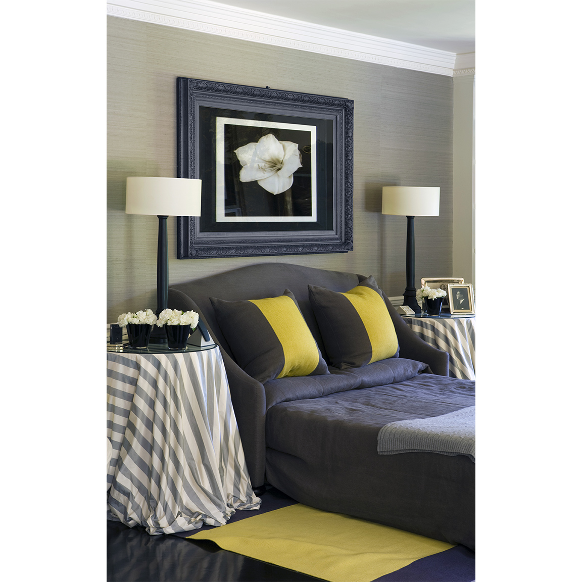 master bedroom in grey blue and yellow scheme