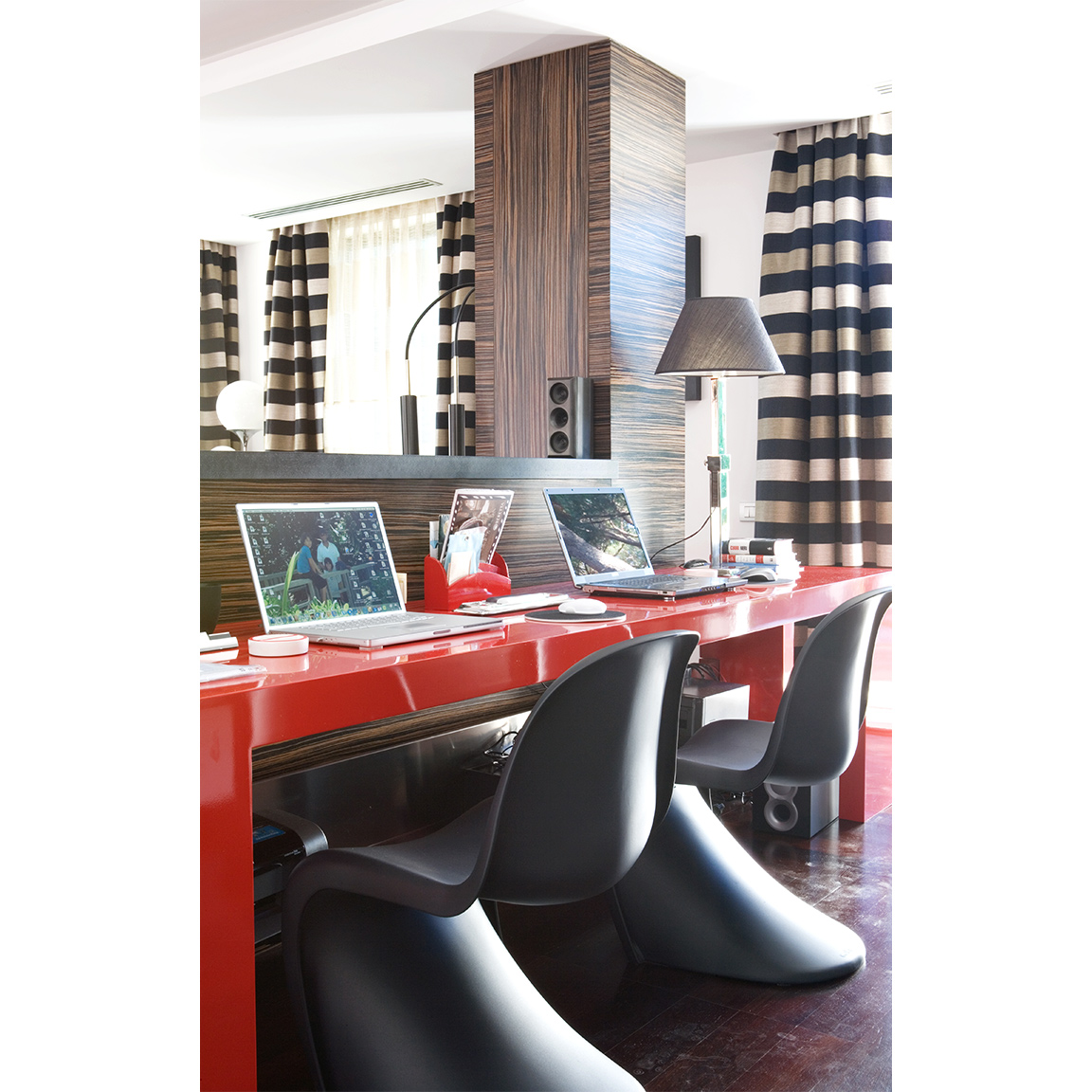 double desk - polished red lacquer - zebra wood and horizontal striped curtain
